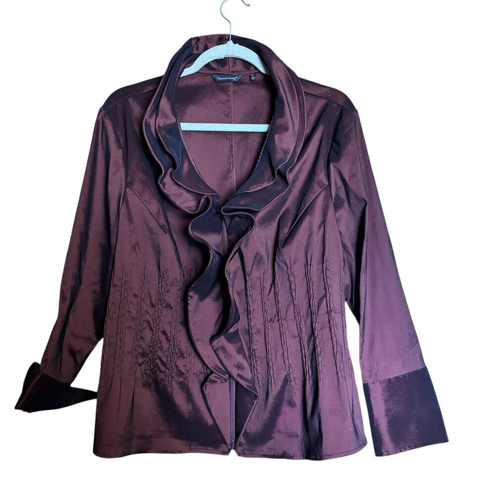 Samuel Dong Zippered Blazer Womens XL Brown Taffeta Ruffle Collared Jacket